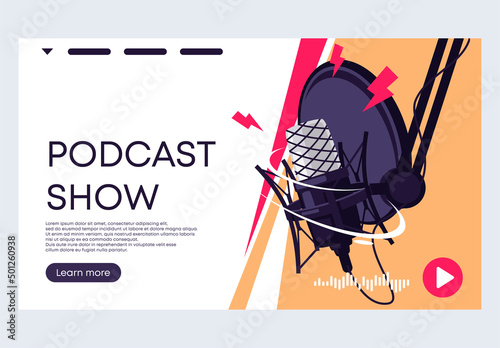Vector illustration of a banner template for a website, a professional studio microphone for recording podcasts