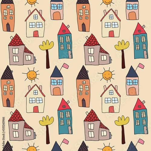 Childish naive seamless pattern with cute houses.