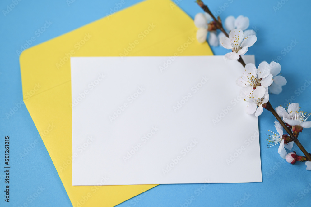 Spring composition. One yellow envelope, blank card and a flowering branch. Blue background, mockup. Minimalism, top view, copy space, spring concept. Colors of the Ukrainian Spring composition. One yellow envelope, blank card and a flowering branch. Blue background, mockup. Minimalism, top view, copy space, spring concept. Colors of the Ukrainian