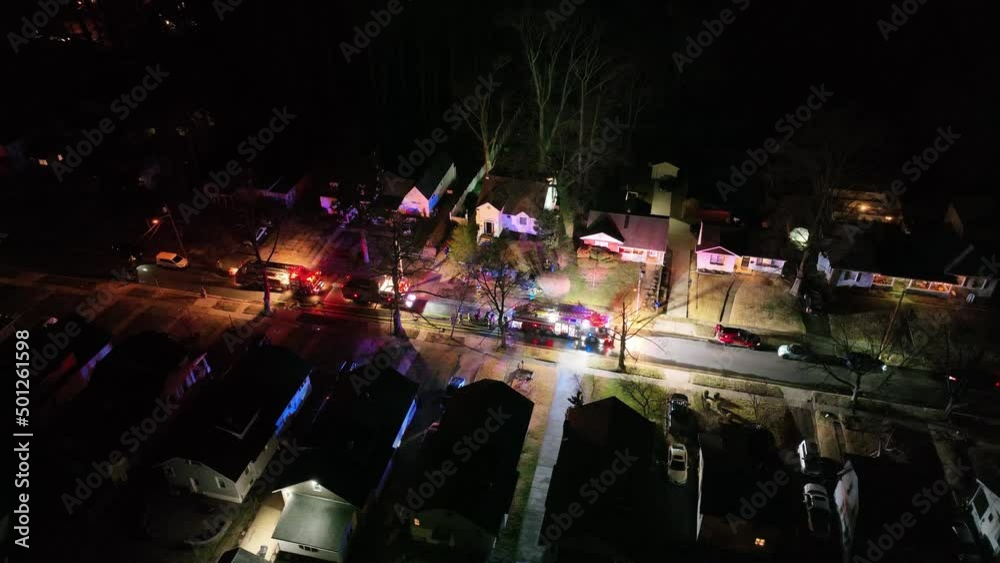Aerial Drone View of Fire Apparatus on Scene of House Fire