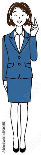 よいアイデアを思いついて指をさし喜んでいるスーツ姿の可愛い女性 全身 立ち姿 イラスト ベクター