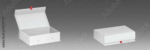Mockup of white magnet box for gift, jewelry, perfume or cosmetic products. Vector realistic template of 3d open and closed blank cardboard package with magnetic lock and red ribbon