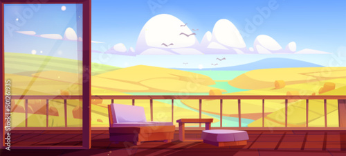 Wooden house terrace with autumn countryside view. Vector cartoon illustration of rural landscape with fields, river, hay bales and cottage veranda or balcony with couch and table