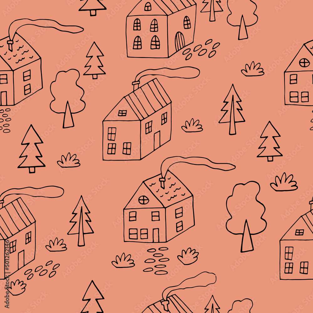 houses and trees seamless pattern. city street vector illustration hand drawn in doodle line art style.