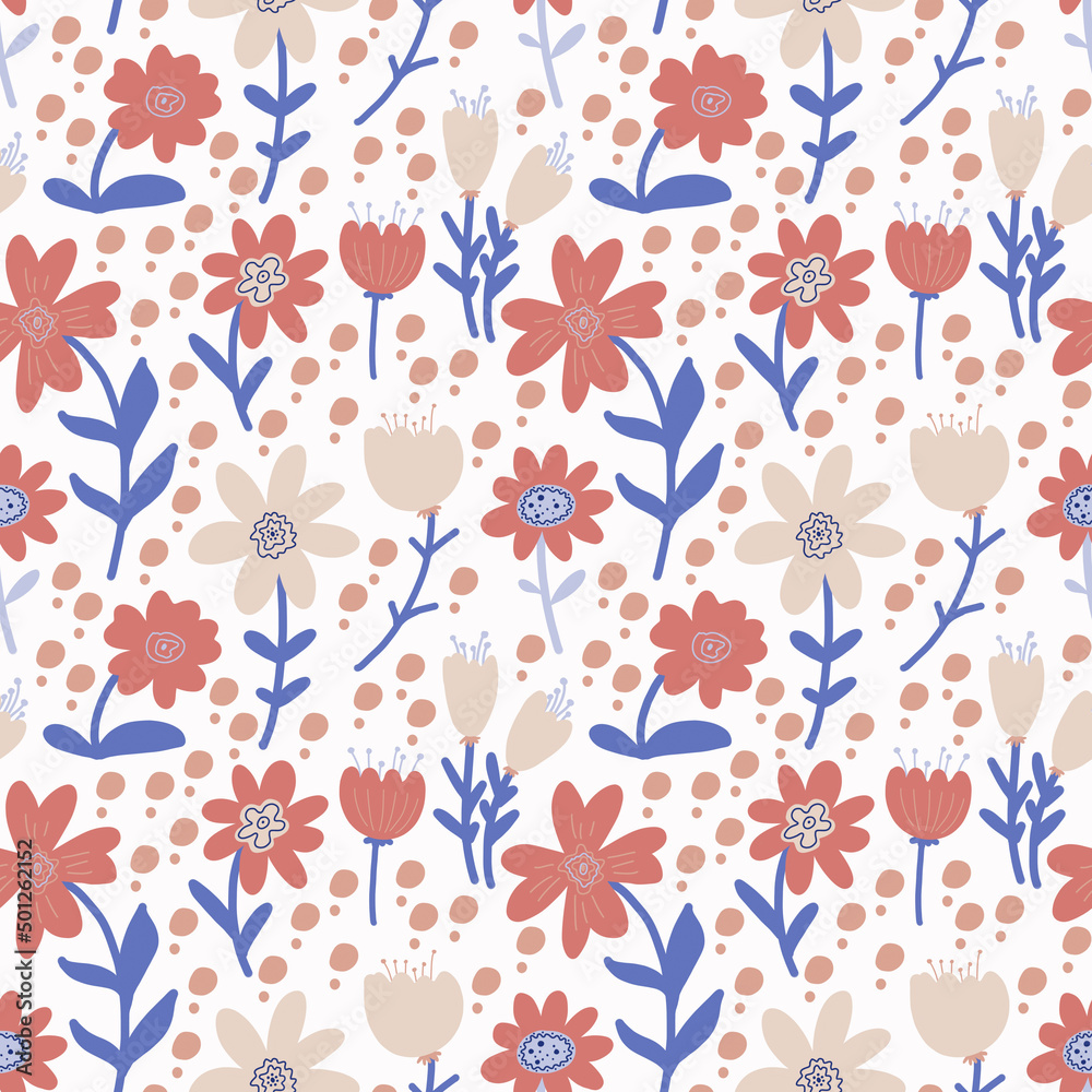 Seamless floral pattern in doodle style with flowers and leaves. Texture for wallpaper, fabric, wrapping paper. Seamless floral pattern in doodle style with flowers and leaves. Texture for wallpaper, fabric, wrapping paper.