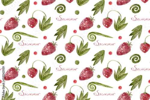 Summer strawberries seamless pattern. Watercolor illustration with berries and leaves
