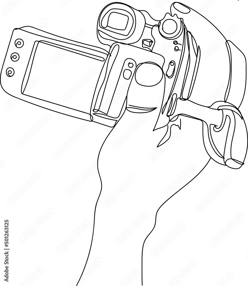 Vecteur Stock Outline sketch drawing of hand holding handycam, Line art