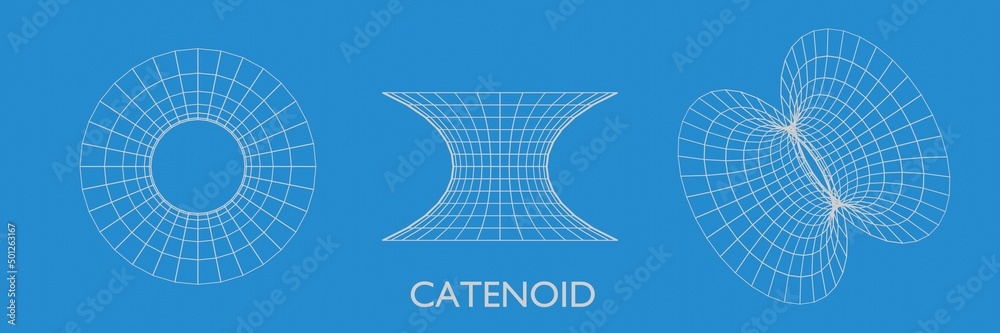 Three catenoid figures on a blue background. Three-dimensional surfaces in mathematics. 3d illustration - obrazy, fototapety, plakaty 