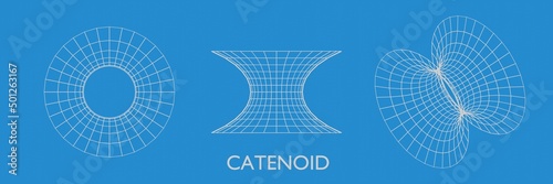 Three catenoid figures on a blue background. Three-dimensional surfaces in mathematics. 3d illustration photo