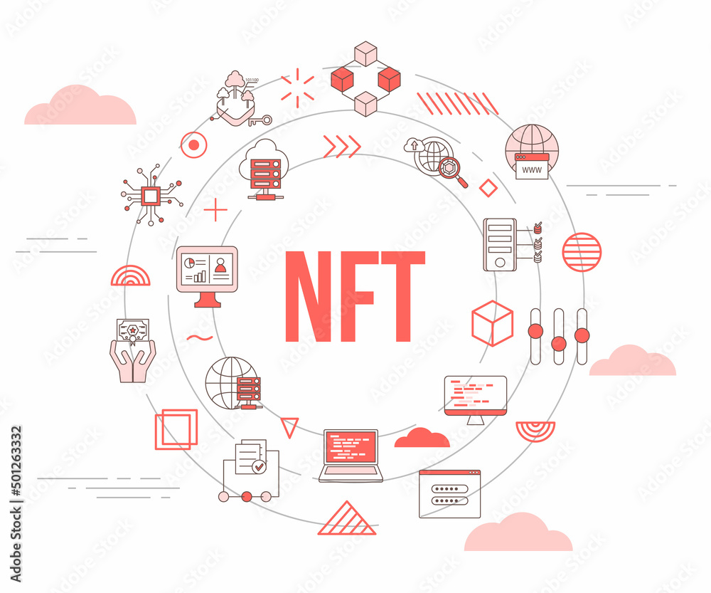 nft non fungible token concept with icon set template banner and circle round shape
