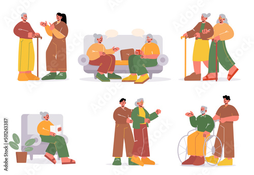 Help and care of seniors, old people lifestyle. Young woman speak with aged man. Social worker driving disabled person on wheelchair. Aged ladies communicate, read newspaper, Linear flat vector set