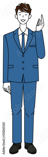よいアイデアを思いついて指をさし喜んでいるスーツ姿の可愛い男性 全身 立ち姿 イラスト ベクター