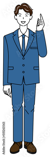 よいアイデアを思いついて指をさし喜んでいるスーツ姿の可愛い男性 全身 立ち姿 イラスト ベクター