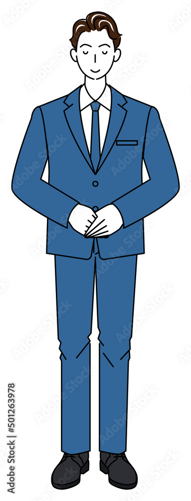 少し頭を下げお辞儀をしているスーツ姿の可愛い男性の全身立ち姿 左手を上にして手を組んでいる イラスト ベクター
Full body standing pretty man in suit bowing with head slightly bowed. Illustration of hands folded with left hand on top Vector
少し頭を下げお辞儀をしているスーツ姿の可愛い男性の全身立ち姿 左手を上にして手を組んでいる イラスト ベクター
Full body standing pretty man in suit bowing with head slightly bowed. Illustration of hands folded with left hand on top Vector