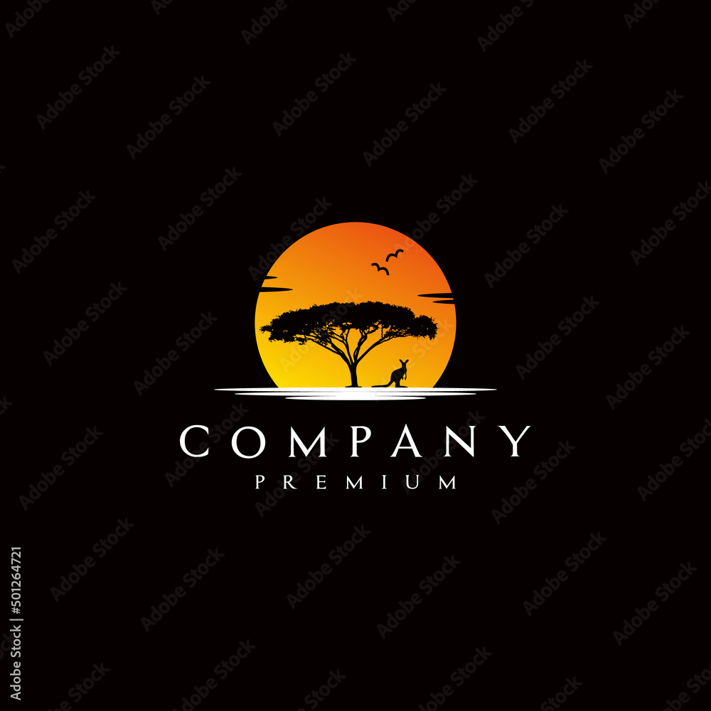 African Acacia Tree with kngaroo Silhouette for Safari Adventure Logo Design Vector
