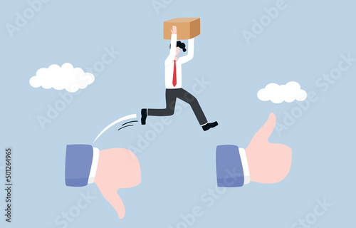 Product development according to customer 
requirement or feedback, marketing strategy concept. Businessman carrying product box parcel jumping from thumb down to thumb up sign.