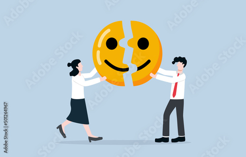 Create positive vibe at work to improve teamwork performance, bring happiness to the team to relieve stress from hard work concept. Employees help each other to assemble smiley face jigsaw puzzles.
