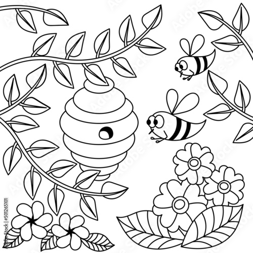 Doodle Honey beekeeping, apiculture coloring book page. Cartoon Bee, flowers, hive . Hand drawn vector illustration.