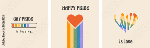 Vector set of retro greeting cards for LGBTQIA Pride Month. Social media post with groovy queer slogans and phrase. LGBT rainbow flag colors, love word in heart shape and Gay Pride Loading bar. Vector