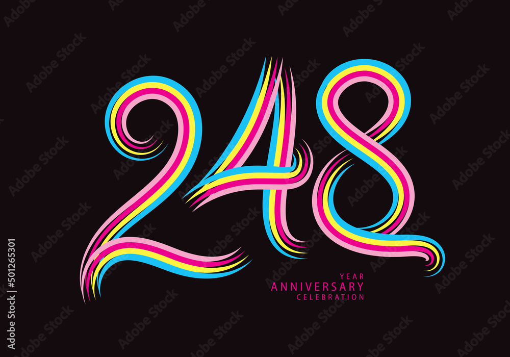 248 number design vector, graphic t shirt, 248 years anniversary celebration logotype colorful line, 248th birthday logo, Banner template, logo number elements for invitation card, poster, t-shirt. 248 number design vector, graphic t shirt, 248 years anniversary celebration logotype colorful line, 248th birthday logo, Banner template, logo number elements for invitation card, poster, t-shirt.