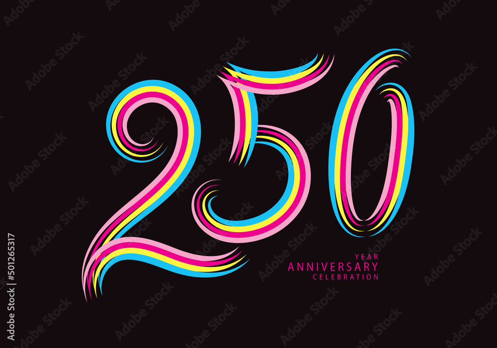250 number design vector, graphic t shirt, 250 years anniversary celebration logotype colorful line, 250th birthday logo, Banner template, logo number elements for invitation card, poster, t-shirt. 250 number design vector, graphic t shirt, 250 years anniversary celebration logotype colorful line, 250th birthday logo, Banner template, logo number elements for invitation card, poster, t-shirt.