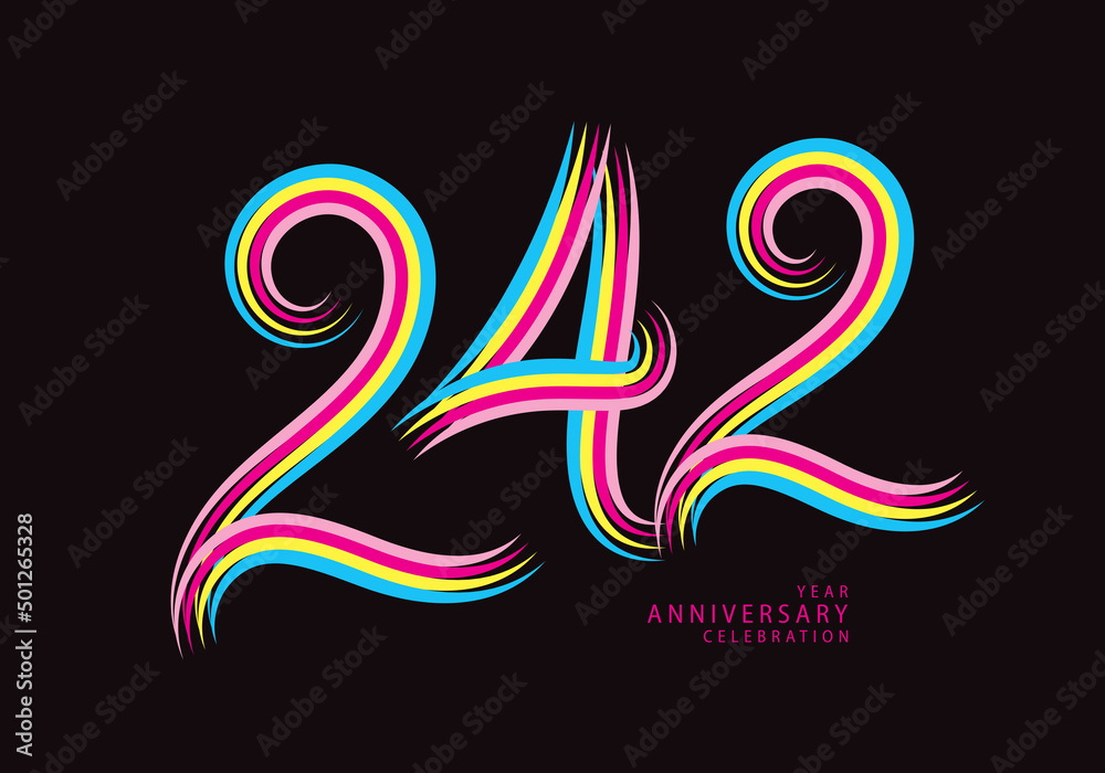 242 number design vector, graphic t shirt, 242 years anniversary celebration logotype colorful line, 242th birthday logo, Banner template, logo number elements for invitation card, poster, t-shirt. 242 number design vector, graphic t shirt, 242 years anniversary celebration logotype colorful line, 242th birthday logo, Banner template, logo number elements for invitation card, poster, t-shirt.