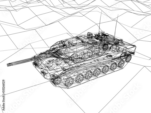 battle tank on sand wire frame ,3d rendering photo