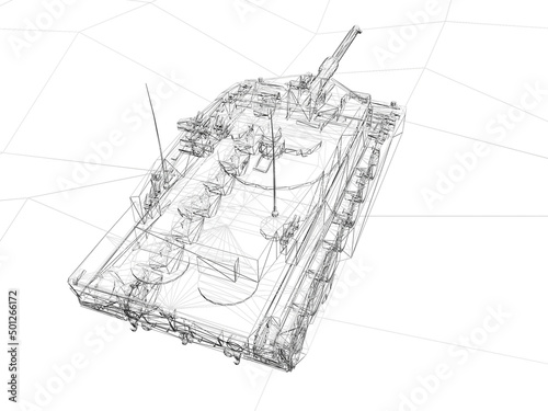 battle tank on sand wire frame ,3d rendering photo