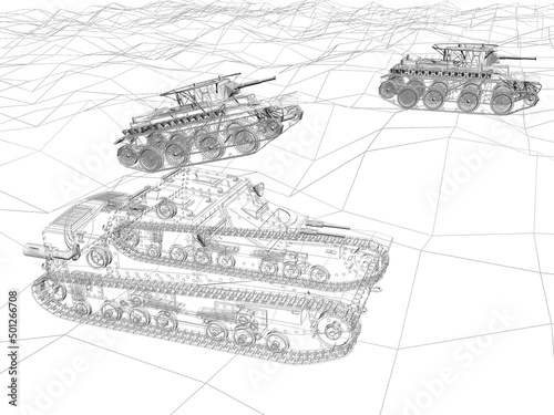 battle tank on sand wire frame ,3d rendering photo