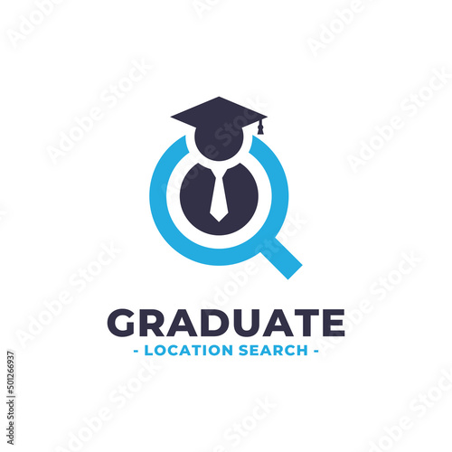 Student and magnifying glass logo vector. Graduation ceremony venue finder logo template design concept.