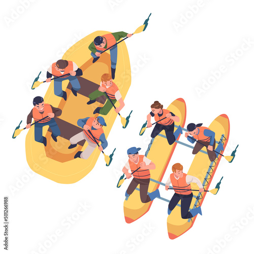 People Character Rafting in Inflatable Boat Rowing with Paddle Engaged in Water Sport Vector Set