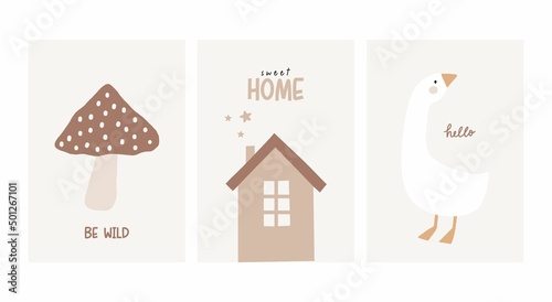 Cute cartoon Bohemian nursery posters. Boho vector print for wall decor in children's bedroom. Cute characters and hand drawn lettering quote. Mushroom, house and goose