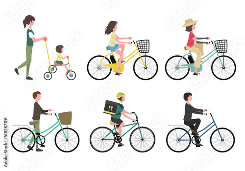 自転車に乗る街の人々のイラストセット