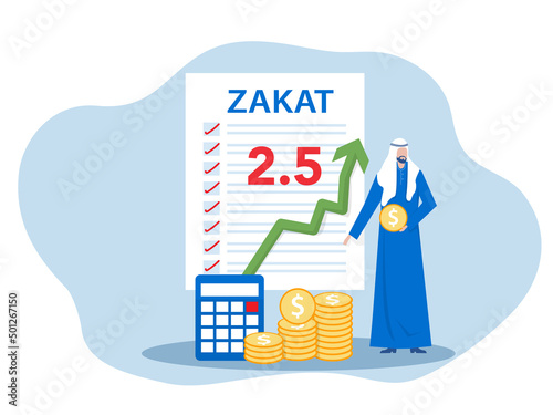 businessman pay zakat from profit on ramadan kareem concept of zakat ,fitrah in the holy month of Ramadan Flat cartoon vector illustration