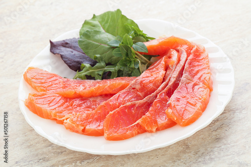 Sliced salmon fillet starter snack