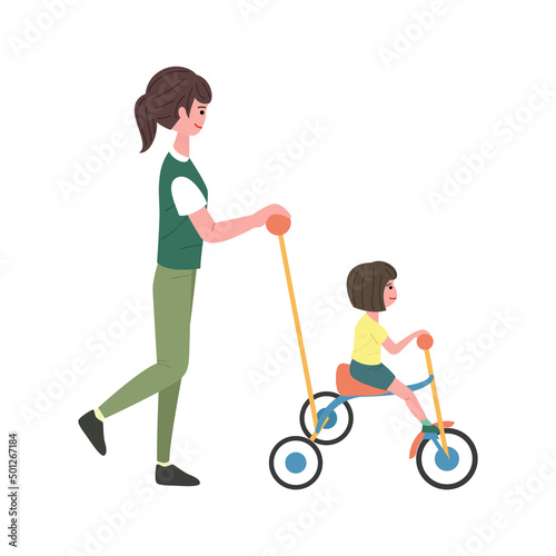 三輪車に乗る女の子と後を押す母親のイラスト