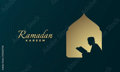 Ramadan Kareem Vector Background. The silhouette of a Moslim reading the Qur'an.