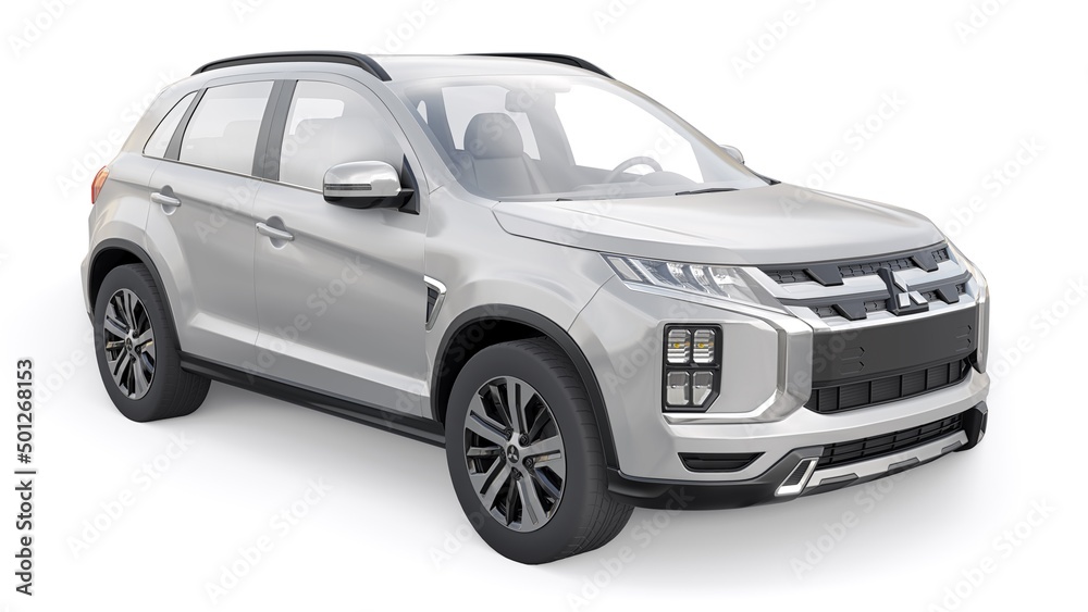 Tokyo. Japan. April 6, 2022. Mitsubishi ASX 2020. Gray compact urban SUV on  a white uniform background with a blank body for your design. 3d  illustration. Stock Illustration