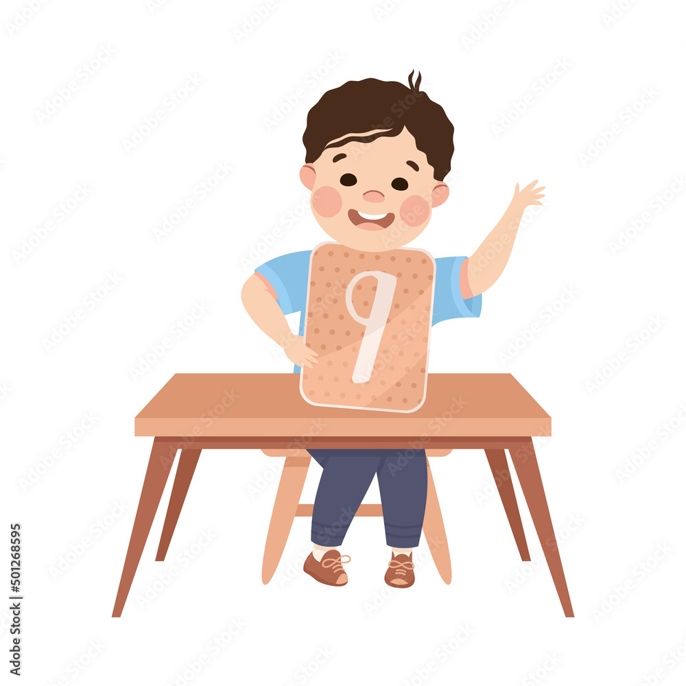 Little Boy with Number Nine Sitting at Desk Showing Card with Numeral Vector Illustration Little Boy with Number Nine Sitting at Desk Showing Card with Numeral Vector Illustration