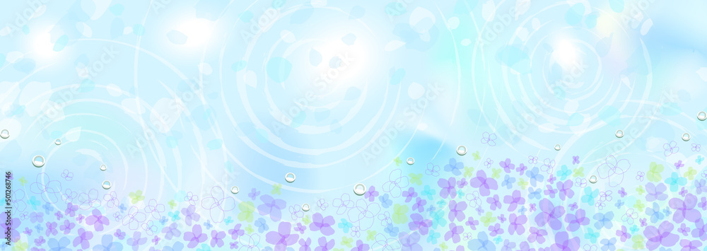 梅雨の晴れ間 水面と紫陽花の幻想的なイラスト 梅雨の晴れ間 水面と紫陽花の幻想的なイラスト