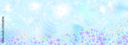 梅雨の晴れ間　水面と紫陽花の幻想的なイラスト