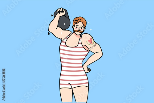 Male circus powerlifter with tattoo wear tricot lift dumbbell show power. Strongman or weightlifter perform stunt with barbell. Powerlifting performance, sport concept. Vector illustration.