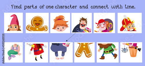 Educational game for children. Find parts of one character and connect with line. Cartoon characters. Vector illustration.
