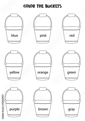 Read names of colors and color buckets. Educational worksheet for kids.