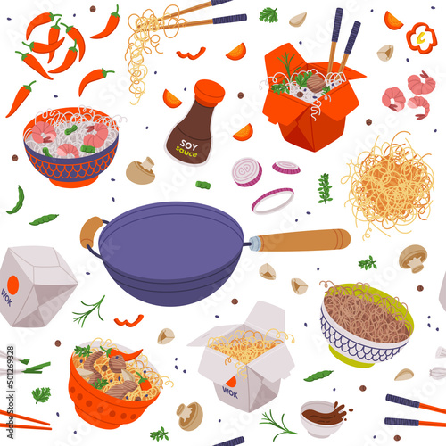 Wok Ingredients and Asian Food for Stir Frying with Noodles, Soy Sauce and Chopsticks Vector Seamless Pattern Design