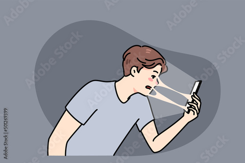 Young guy connected sealed to smartphone suffer from technology addiction problem. Man addicted to cellphone and social media, tied to online communication. Flat vector illustration. 