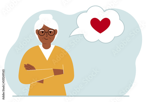 Happy grandmother thinks about love. In the balloon of thought is a red heart. Vector