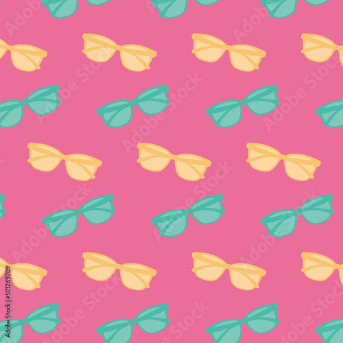 Pattern of closed front-facing glasses on pink background