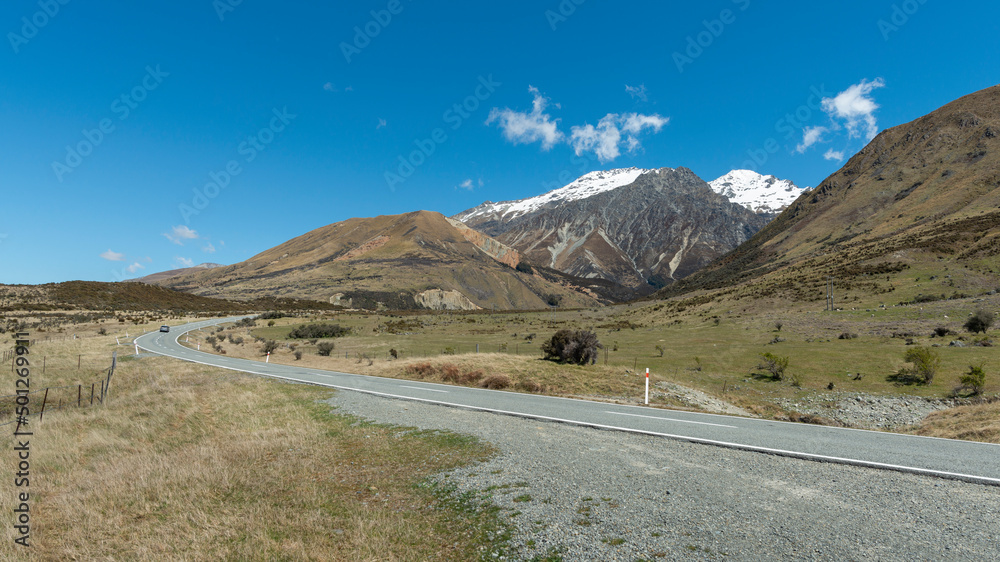 Road in Mt Cook National Park, South Island, New Zealand.