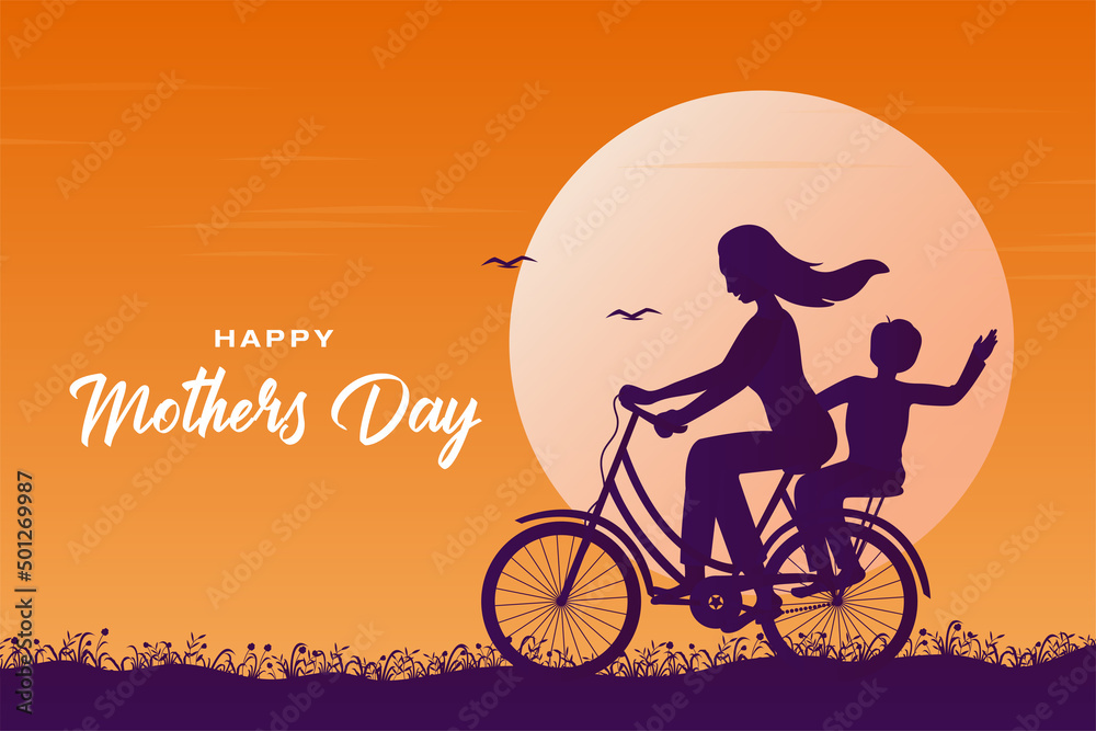 Mother riding cycle with son, happy Mother's Day special artwork Mother riding cycle with son, happy Mother's Day special artwork